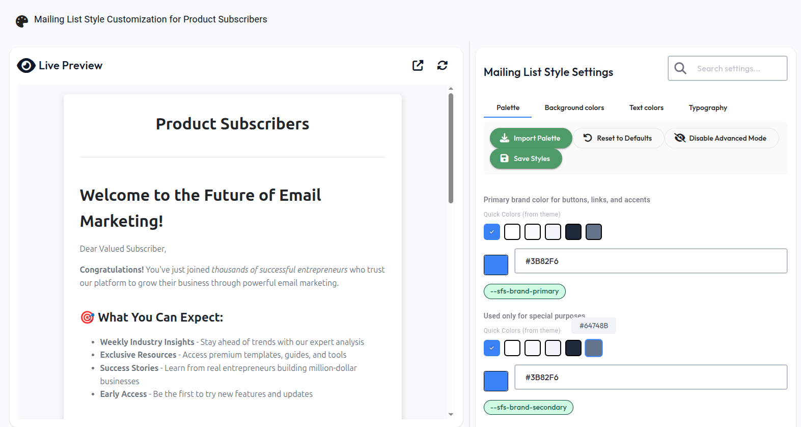 Email style customization and preview